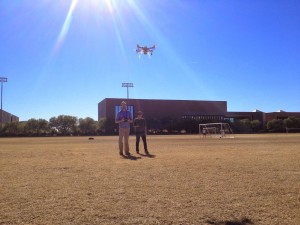 ECHO team members Marc Leatham and Victoria Serrano give the quad-rotor a shakedown flight. The quad is acting as a scale model and training frame for a larger platform soon to come.