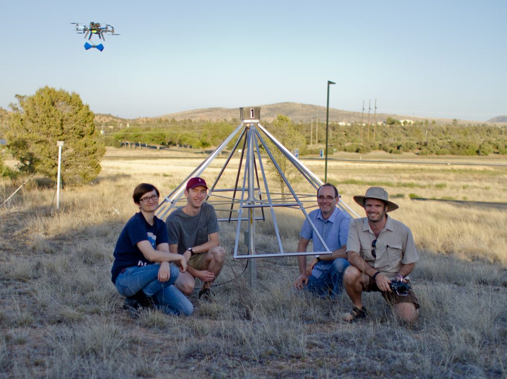 Part of the ECHO team poses with an LWA antenna and the ECHO drone on the May, 31 trip to Embry Prescott, AZ. Left to right: Lauren Turner, Jacob Burba, Prof. Andri Gretarsson (ERAU), and Dr. Daniel Jacobs (ASU)